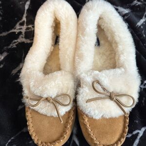 Cozy Tan and Cream Slippers with Bow lands end